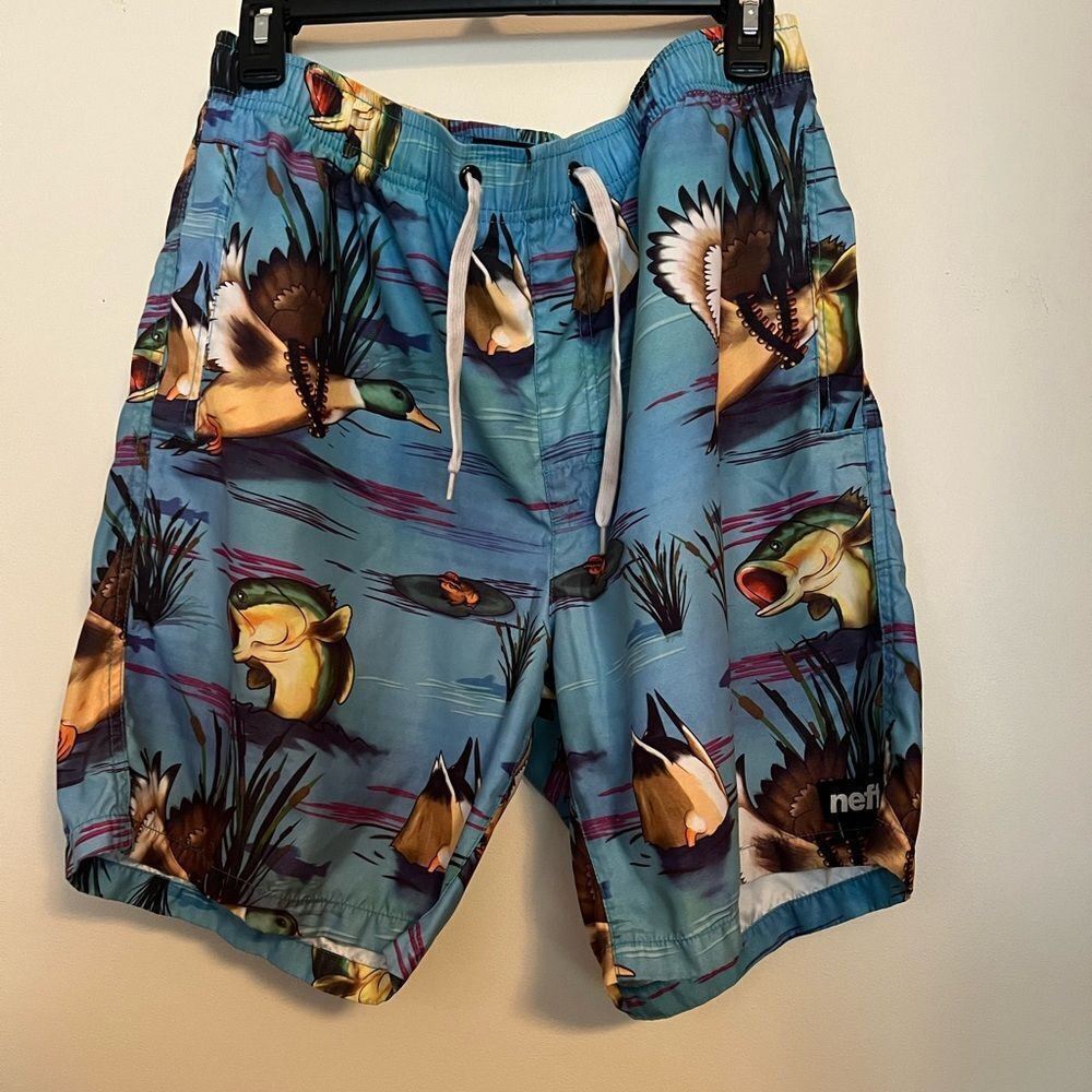 Neff Blue Board Shorts Tropical Sunset Design